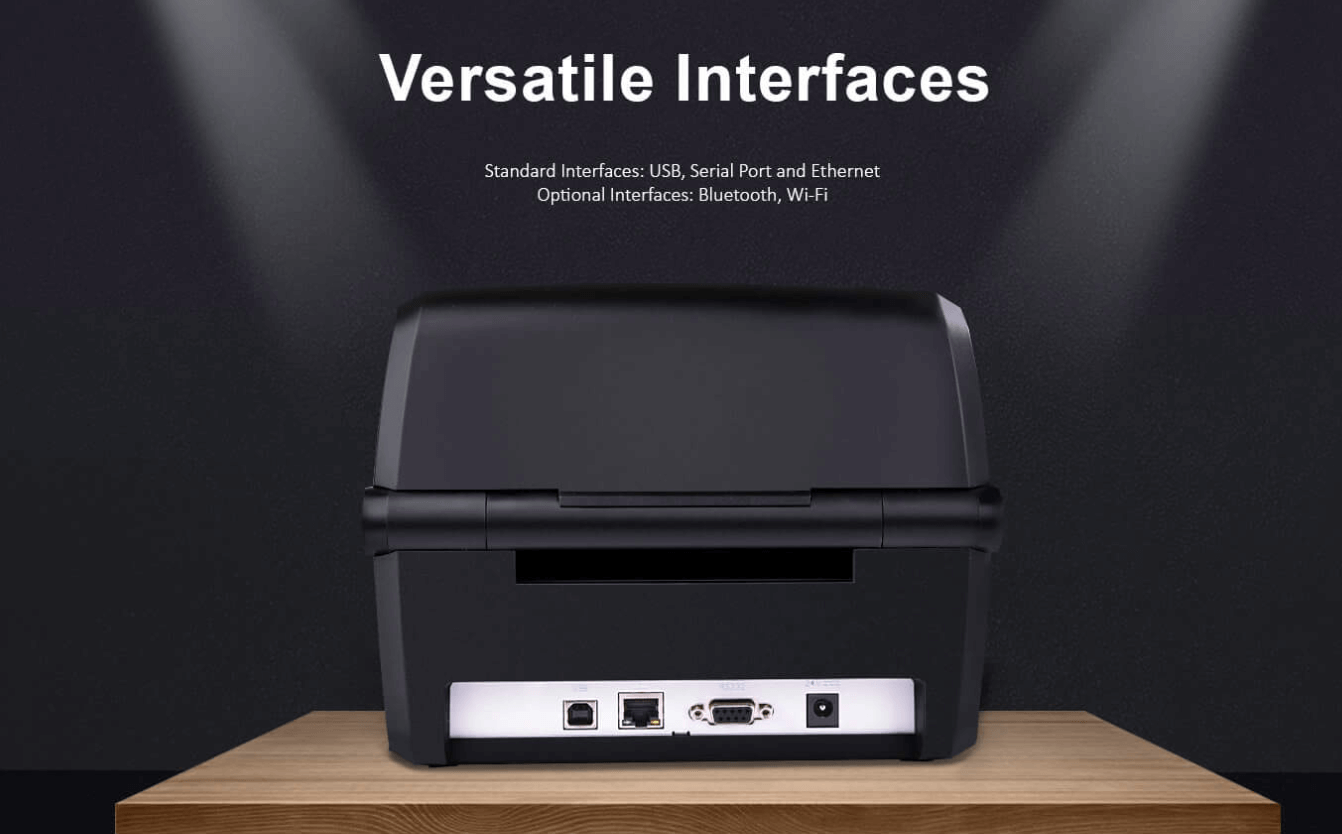 Back view of a barcodeprinter showing multiple interface ports like USB, Serial, and Ethernet.