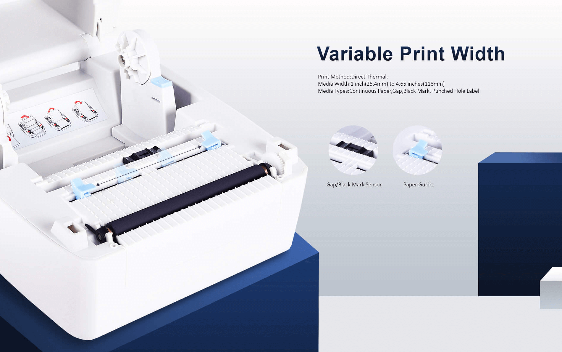 An open barcodeprinter showing its internal components like the paper guide and sensor.